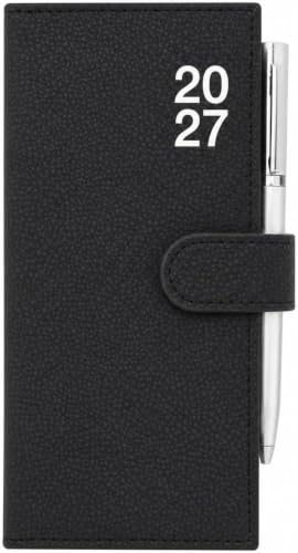 A black textured pvc planner cover with a strap closure, featuring the year '2027' printed in white on the front and a silver pen clipped on the right side.