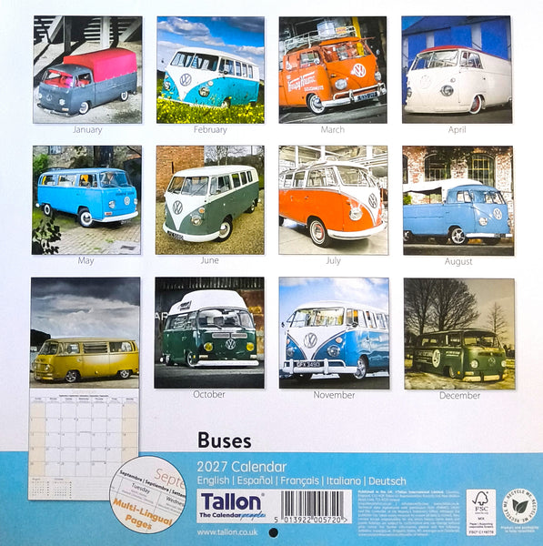 Tallon 2027 Buses calendar wall art featuring a grid of 12 vintage Volkswagen camper vans by month, with a blue footer containing product details and barcode.