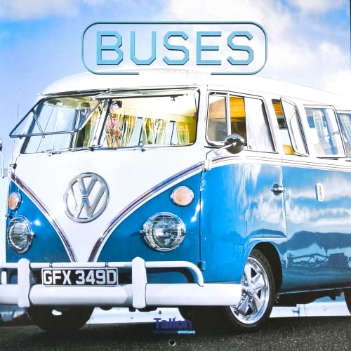 A classic blue and white Volkswagen Type II bus shown from the front three-quarter angle, with a large 'BUSES' sign above it against a blue sky background.