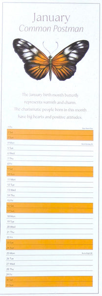 A January birth month butterfly calendar card featuring an orange and black butterfly illustration, with text about January and birth dates listed in orange highlighted boxes.