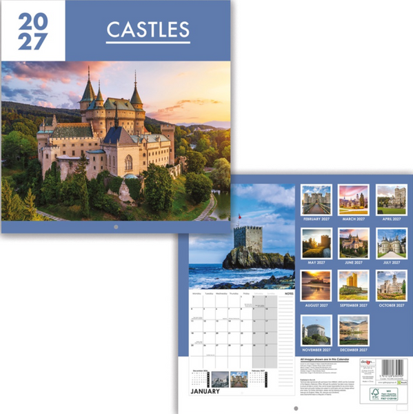 A 2027 wall calendar titled 'CASTLES' showing castle-themed photography and a monthly calendar layout. The cover features a large castle under a sunset sky, and the interior page shows a January grid along with smaller monthly thumbnails of castle photos.