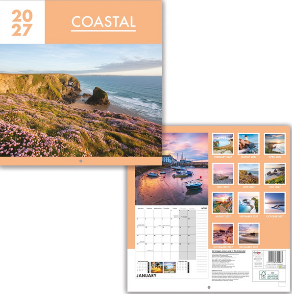 A 2027 coastal wall calendar shown open to display the January page with a monthly grid, small photo thumbnails, and printed text, alongside the closed cover featuring a coastal landscape and the year '2027' and the word 'COASTAL'.
