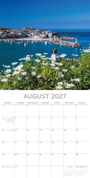 Cornwall Calendar page for August 2027 with a scenic view of a coastal town and ocean.