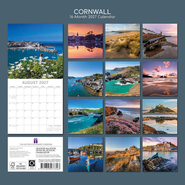 2027 Calendar cover featuring scenic images of Cornwall with a grid layout.