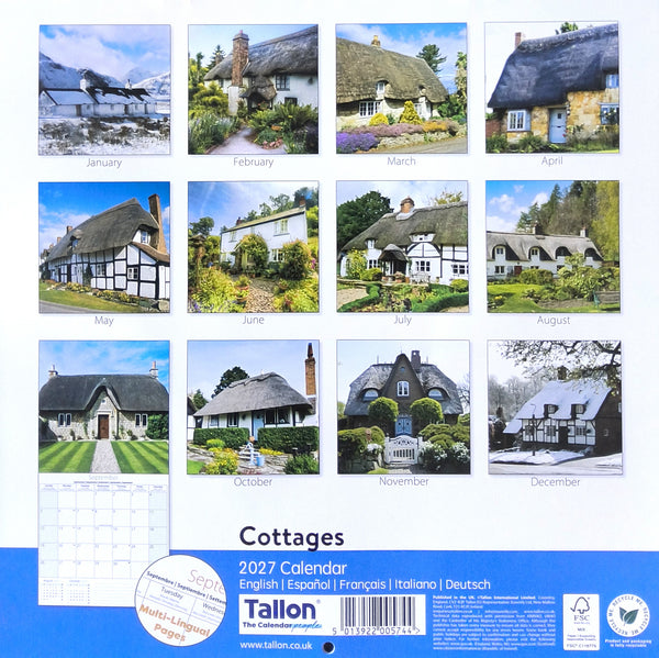 Back cover of a 2027 Cottage-themed calendar showing a 12-month grid of English cottage photographs, with a blue footer containing the title, language options, and Tallon branding.