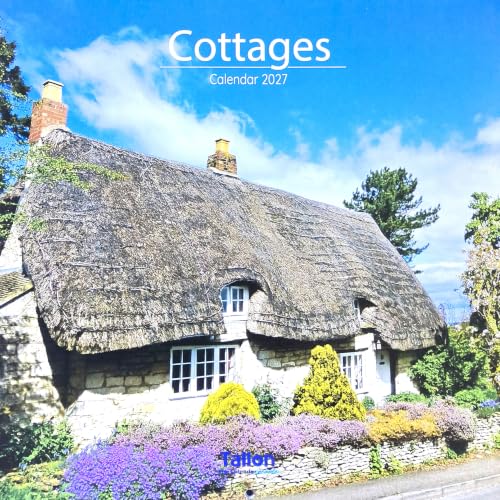 A square cover for a 'Cottages Calendar 2027' featuring a picturesque thatched cottage under a bright blue sky, with the brand name 'Falcon' printed at the bottom.