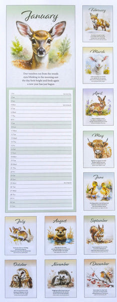 A January wall calendar page with a large watercolor deer illustration and a lined daily log, surrounded by smaller monthly pages showing other winter animals such as a fox, rabbit, bird, and squirrel on a white background.