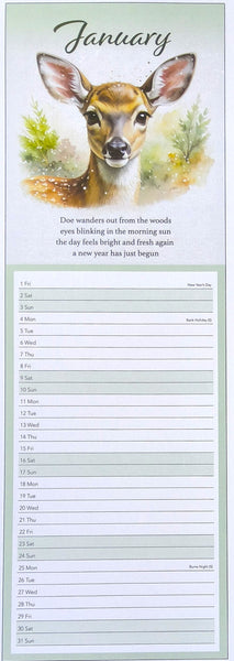 A January calendar page featuring a watercolor deer illustration at the top with the word 'January' and lined writing sections below for days of the week.