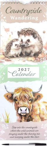A 2027 wall calendar titled 'Countryside Wandering' featuring watercolor-style illustrations of hedgehogs and a Highland cow, with a black pen at the bottom.