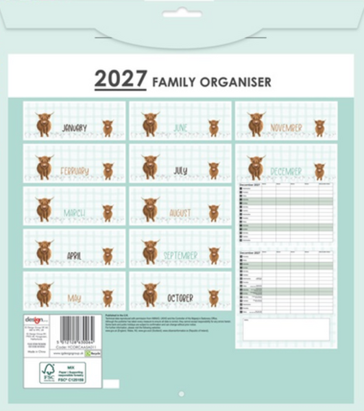 A 2027 Family Organiser sheet from the brand ditsy designs, featuring a light teal and white grid layout with brown owl illustrations for each month and a black lined writing area on the right.