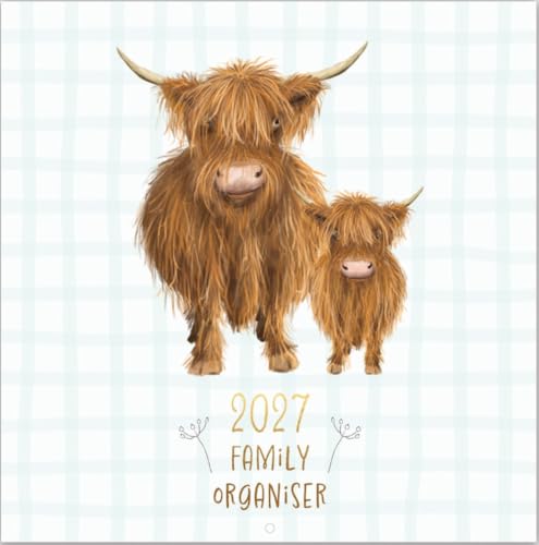 A 2027 family organiser featuring a watercolor illustration of a large and small Highland cow on a white and pale blue gingham background, with the text '2027 FAMILY ORGANISER' below.