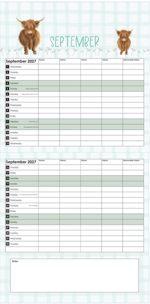 2027 Cows Family Planner Square Wall Calendar September 5 Columns for family members.