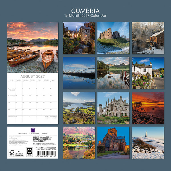 Cumbria 2027 calendar with scenic images of landscapes and buildings.