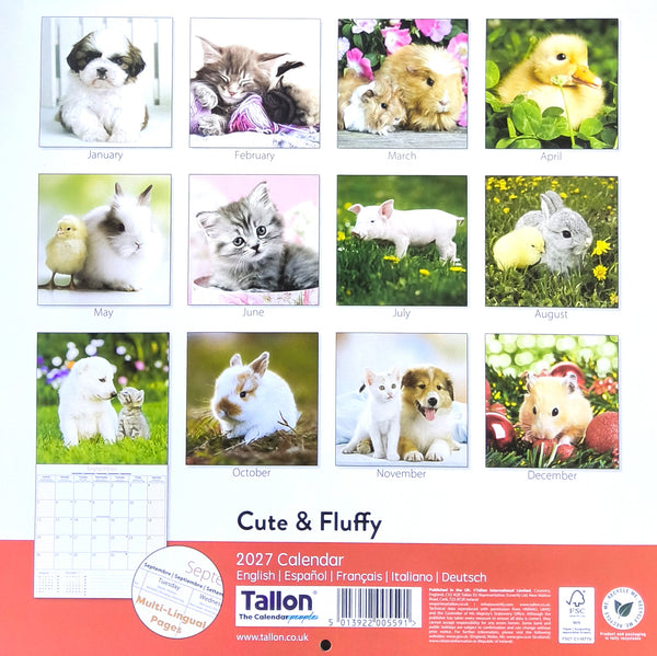Tallon 2027 wall calendar cover featuring a grid of cute animal photos, including puppies, kittens, rabbits, and a duckling, with a red footer containing product details and the Tallon logo.