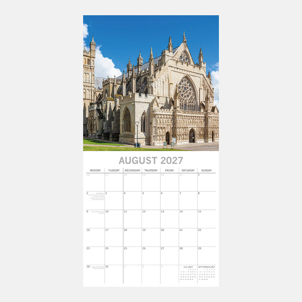 Devon Calendar page for August 2027 with a cathedral image on a white background