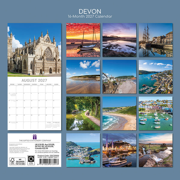 2027 Devon calendar with scenic images of a cathedral, sunset, beach, and harbor on a blue background.
