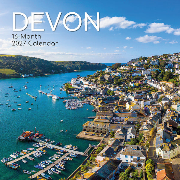 2027 Devon calendar with a scenic view of a coastal town and harbor.
