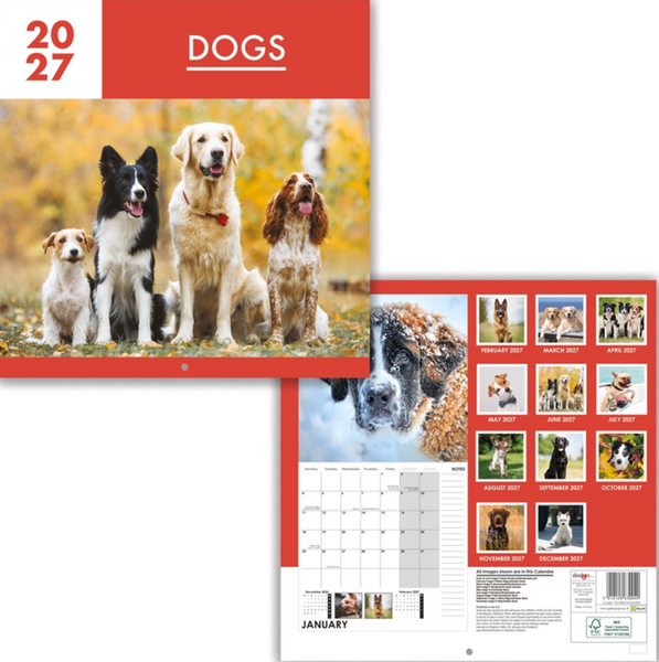 A 2027 wall calendar featuring a 'DOGS' theme, shown in two views: the front cover with four dogs against an autumn background, and the back cover displaying a January grid and small monthly dog photo panels.