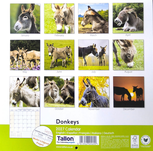 Tallon 2027 Donkey Calendar wall art showing a 12-month grid of donkey photographs, with a green footer containing product text, barcode, and certification logos.