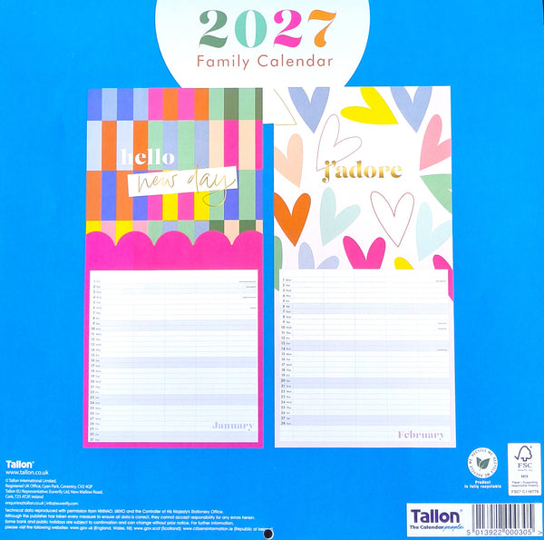 Back cover of a 2027 Family Calendar by Tallon, featuring colorful illustrated pages for 'Hello this is me!' and February, set against a bright blue background.