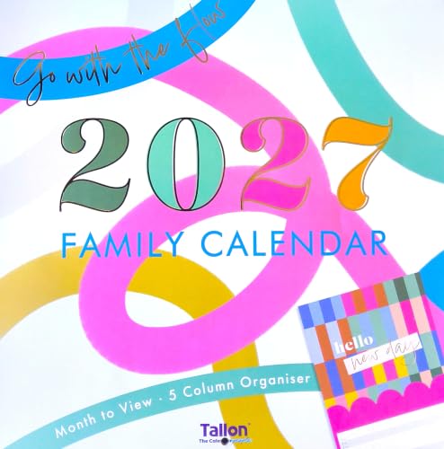 2027 Family Calendar cover design with colorful abstract shapes and the text 'Go with the flow', '2027 FAMILY CALENDAR', 'Month to View - 5 Column Organiser', and the Tallon brand logo.