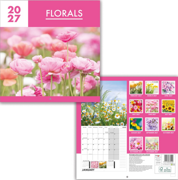 A 2027 wall calendar titled 'FLORALS' shown in two views: the front cover features pink flowers on a white and pink background, and the back cover displays a January calendar grid alongside a column of monthly floral photo thumbnails.