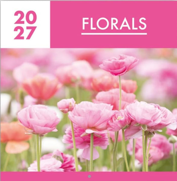 A pink-themed floral calendar or print cover for 2027, featuring the text '2027' and 'FLORALS' above a soft-focus photograph of pink flowers in a field.