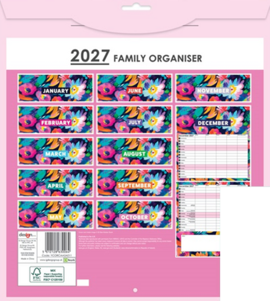 A 2027 Family Organiser calendar page set in pink packaging, featuring colorful floral monthly pages from January to December and a grid layout on the right.