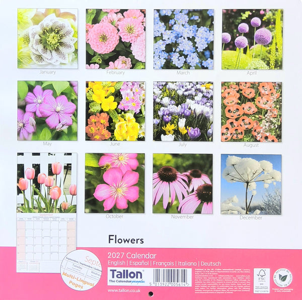 Flowers 2027 wall calendar cover showing a 3x4 grid of twelve different colorful flower photographs, with a pink footer containing the title, language list, and the Tallon brand logo.