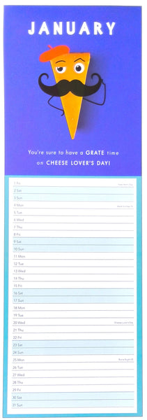 A January cheese lover's day planner page with a purple header featuring a cartoon cheese slice wearing a red hat and black mustache, plus lined writing sections below.