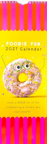 A colourful 2027 'Foodie Fun' calendar cover featuring a pink sprinkle-covered donut with cartoon eyes on a bright yellow background, framed by pink and orange striped borders at the top and bottom.