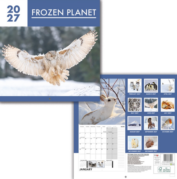A 2027 wall calendar titled 'Frozen Planet' shown in a layered layout. The cover features a snowy owl flying over snow, with blue header bands and a grid of monthly animal photos on the back cover.