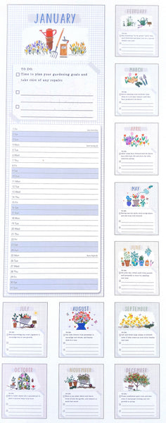 A printable monthly gardening planner set showing a large January page on the left and twelve smaller monthly pages on the right, decorated with colorful watercolor illustrations of gardening tools, plants, and flowers.