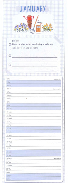 A January gardening to-do and schedule planner page with a light blue grid background, a small gardening illustration at the top, a 'TO DO' checklist, weekly task lines, and a blue-and-white dated schedule section.