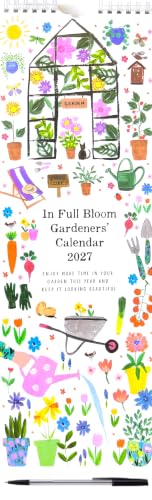 A colorful garden-themed calendar cover for 2027, titled 'In Full Bloom Gardeners' Calendar 2027'. The design features a white background decorated with whimsical illustrations of gardening tools, pots, flowers, a watering can, a wheelbarrow, and a trellis with green, pink, purple, and yellow plants.