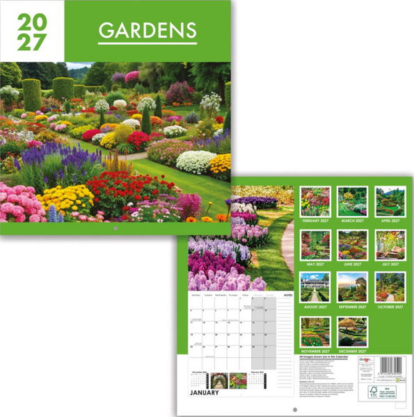 A 2027 garden-themed wall calendar shown from the front and back. The front cover features a lush colorful garden scene with the title 'GARDENS' and the year '2027' in the top left.