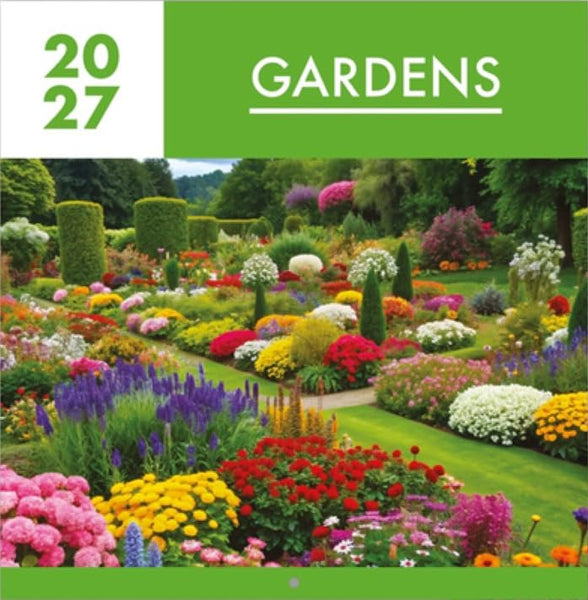 A square garden-themed print or cover design with a bright green header reading '2027 GARDENS' above a lush, colorful flower garden scene.