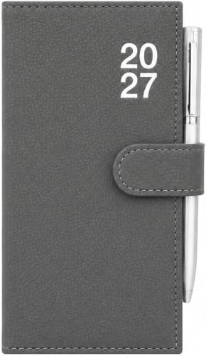 A dark gray textured pvc planner cover with a strap closure, featuring the white printed numbers '20 27' on the front and a silver pen tucked into the side pocket.