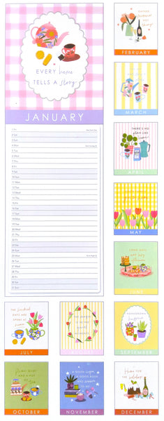 A monthly planner page set featuring a large January writing pad on the left and nine smaller monthly inserts on the right, decorated with pastel illustrations of teapots, flowers, cats, and autumn scenes.