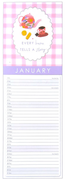 A January calendar page or planner insert with a pink and white gingham header, a white scalloped oval containing a teapot, teacup, and the words 'EVERY home TELLS A story,' and a lavender band with the word 'JANUARY' above lined daily writing sections.