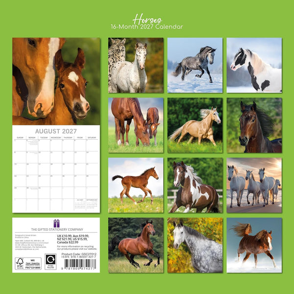 2027 Horses Square Wall Calendar with various horse images on a green background
