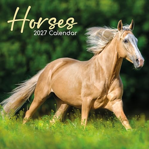 2027 Horse calendar cover featuring a light tan horse running through green grass with the title 'Horses 2027 Calendar' in gold and white text at the top.