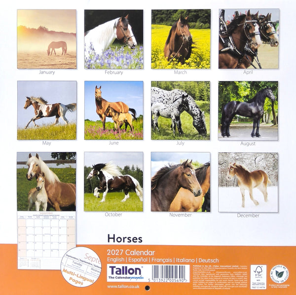 Back cover of a 2027 Horse calendar by Tallon, showing a  grid of monthly horse photographs with a white background and an orange band at the bottom containing the calendar title, language list, and product branding.