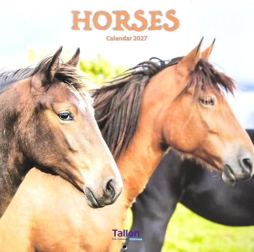 Horses Calendar 2027 cover featuring two horses in profile against a soft outdoor background, with the title 'HORSES' at the top and 'Tallad' branding at the bottom.