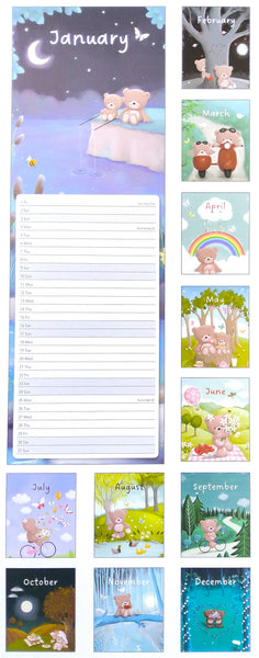 A vertical monthly calendar page with a large January section showing lined writing space and a moonlit illustration, plus twelve smaller monthly covers along the right side featuring cartoon bears and seasonal scenes.