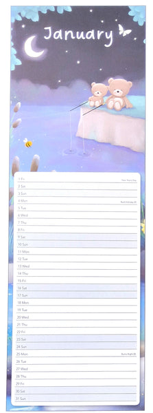A vertical January calendar page with a pastel night-sky illustration, two teddy bears, a crescent moon, stars, and a large lined writing area for dates and notes.