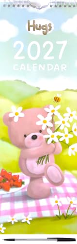 A 2027 wall calendar cover featuring a pink teddy bear hugging white daisies in a grassy field, with the title 'Hugs 2027 CALENDAR' at the top.