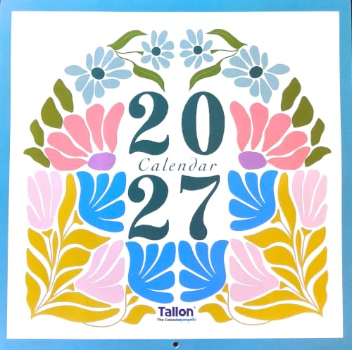 A square wall calendar cover for 2027 featuring a colorful retro floral design with the text '2027 Calendar' and the Tallon logo at the bottom, shown against a light blue border.