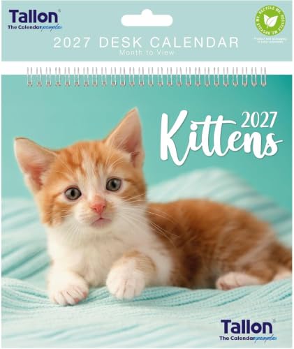 Tallon 2027 Desk Calendar featuring a ginger and white kitten lying on a light blue blanket. The top header shows 'Tallon The Calendar Company' and '2027 DESK CALENDAR Month to View' with a 'Recycled Paper' badge.