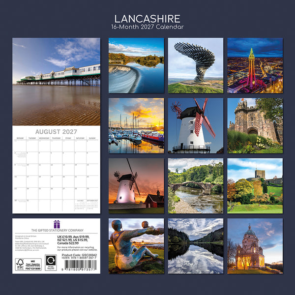 2017 Lancashire calendar with scenic images of landscapes and landmarks on a dark blue background
